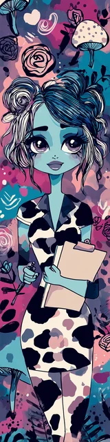 Free teacher bookmark featuring a blue-skinned teacher holding a clipboard